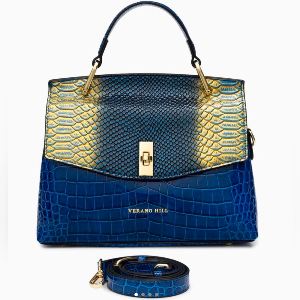 Verano Hill Blue & Gold Croc-Embossed Top-Handle Satchel